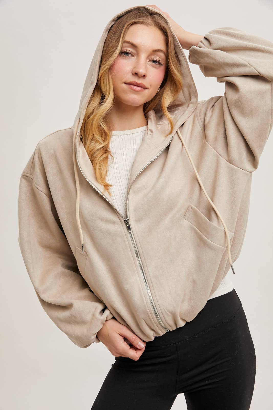 FAUX SUEDE HOODED CROP JACKET WITH ZIPPER