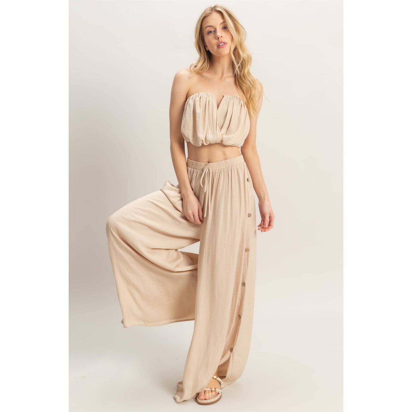 HF25E001-SET-Ruched Top And High Waist Pants Set