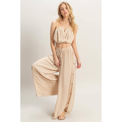 HF25E001-SET-Ruched Top And High Waist Pants Set