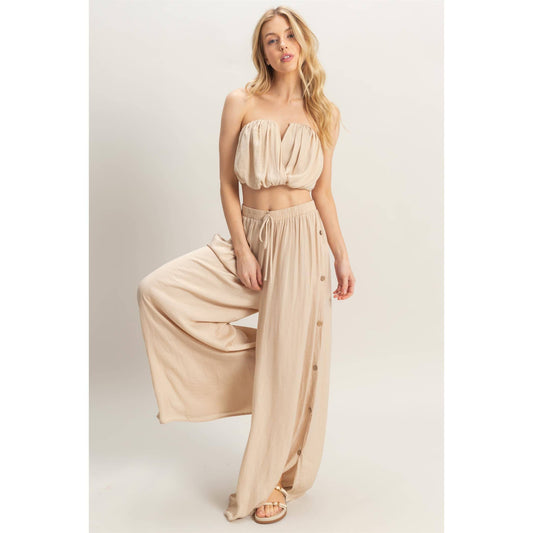 HF25E001-SET-Ruched Top And High Waist Pants Set
