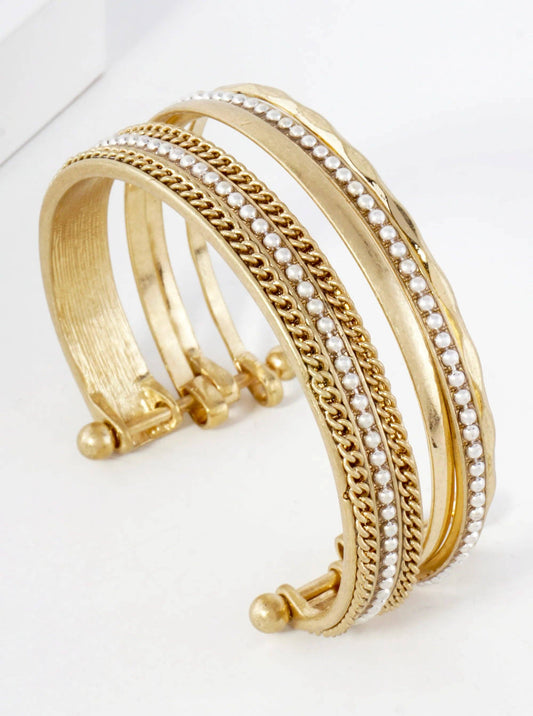 Dual-Tone Chain Ball Textured Layered Metal Open Cuff Bracelet