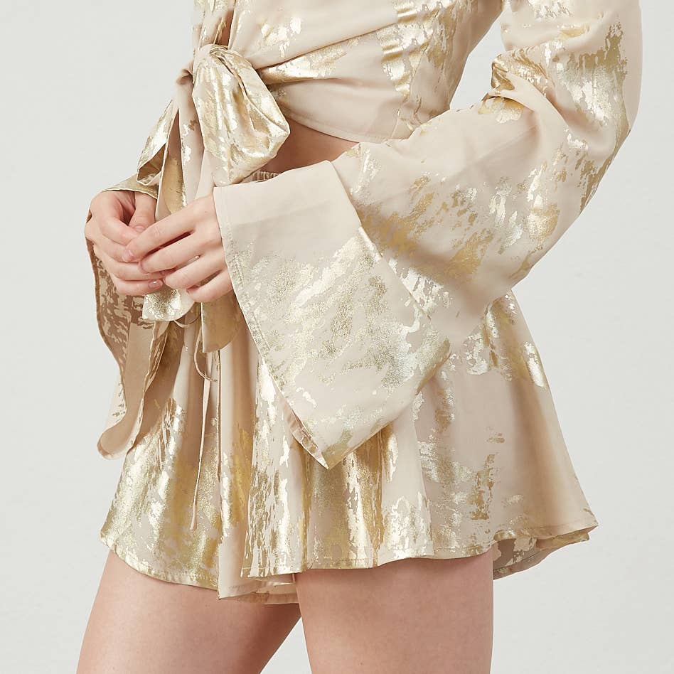 Gold Foil Bell Sleeve Tie Front Woven Top Set