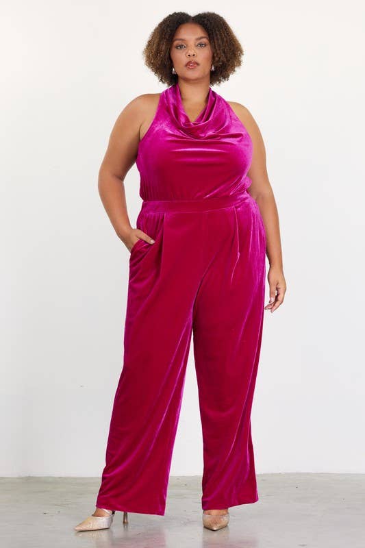 Plus Size Velvet Cowl Neck Jumpsuit