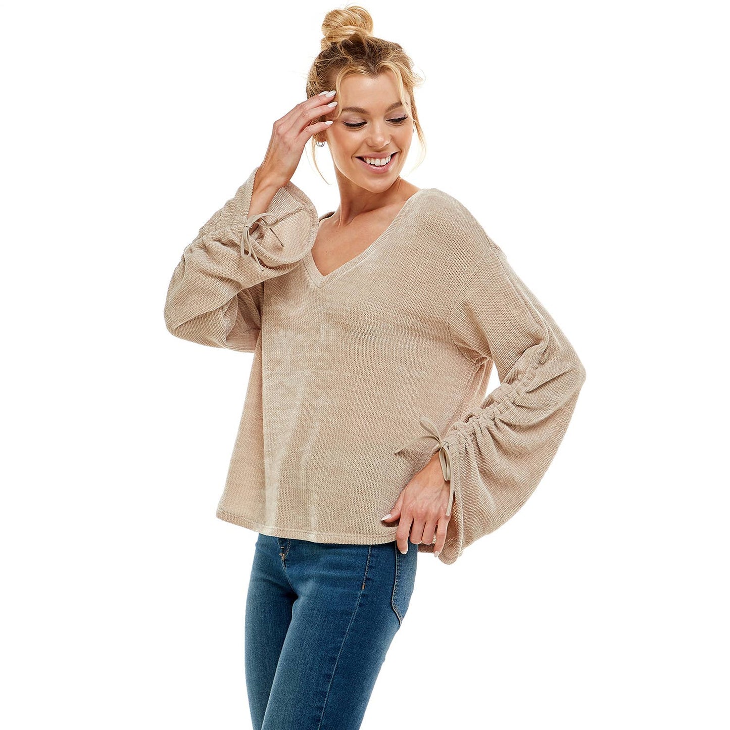 V NECK CHENILLE SWEATER WITH RUCHED SLEEVE