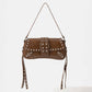 Glossy Faux Leather Rivet Trim Shoulder Bag
