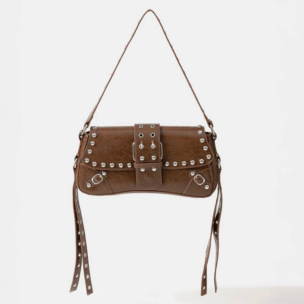 Glossy Faux Leather Rivet Trim Shoulder Bag