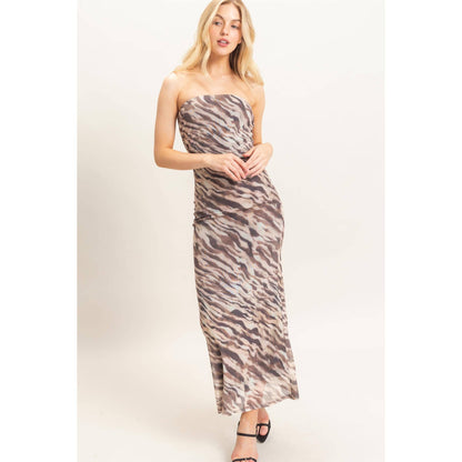 Strapless Printed Mesh Maxi Dress
