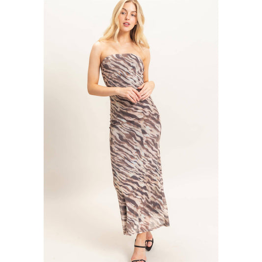 Strapless Printed Mesh Maxi Dress