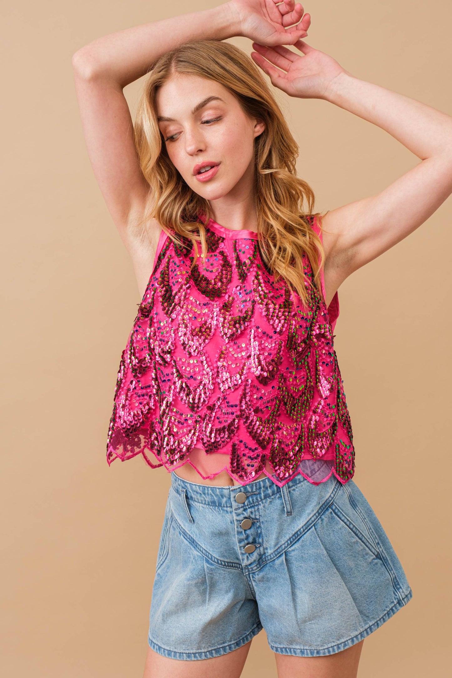 34313T - Embellished Sequin Scallop Crop Top