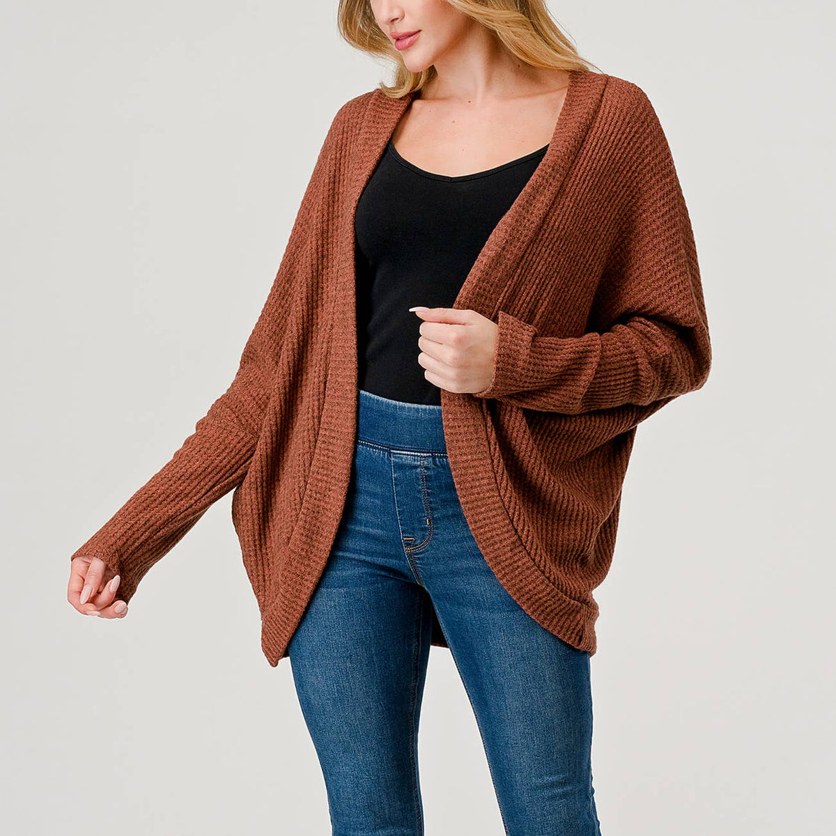Brushed Waffle Knit Cocoon Shape Cardigan, J746
