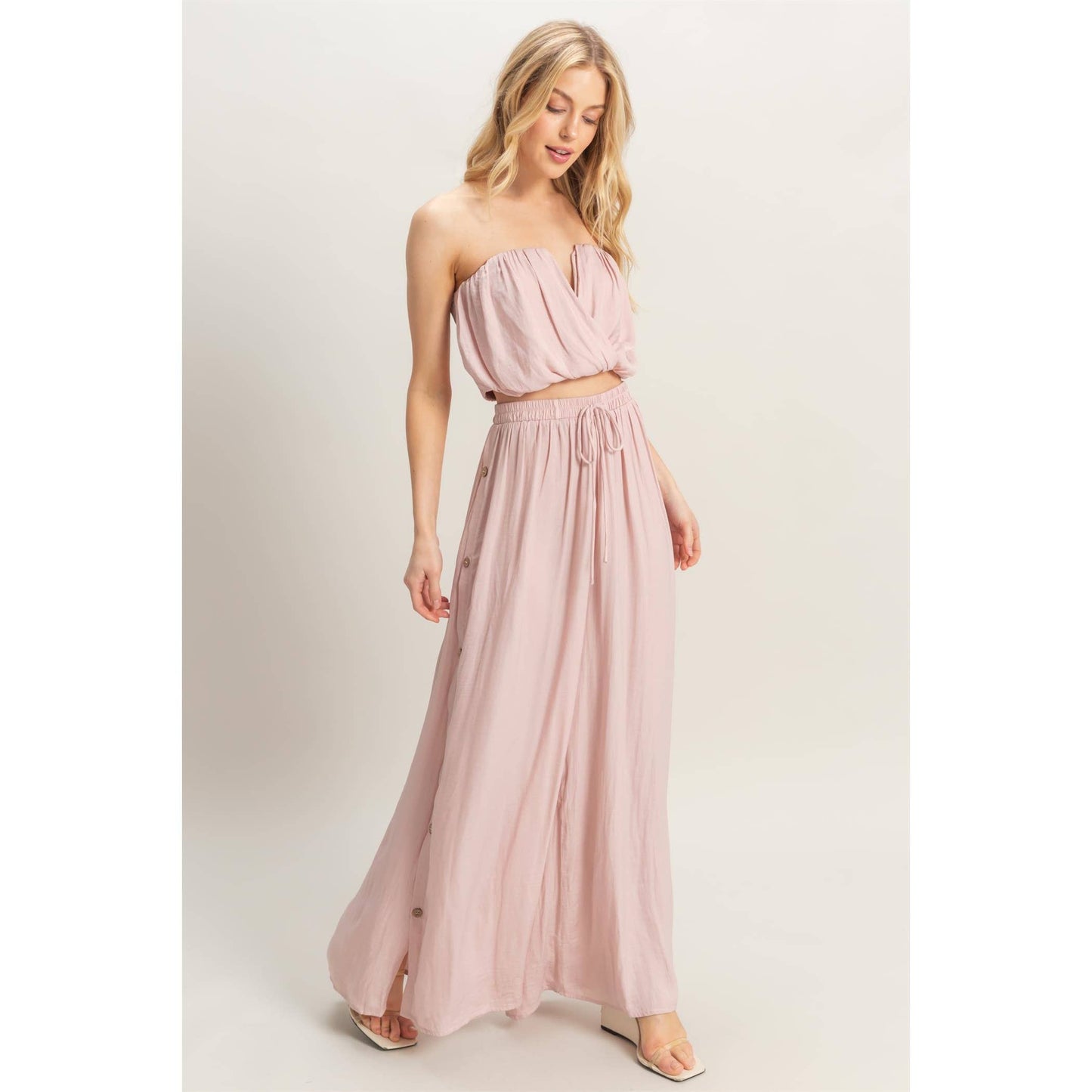 HF25E001-SET-Ruched Top And High Waist Pants Set