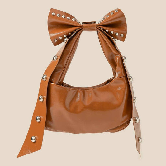 Ribbon Bow Grommeted Faux Leather Hand Bag