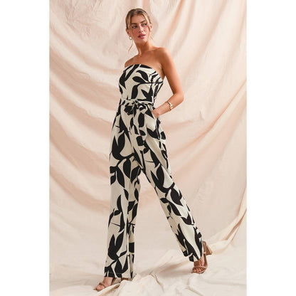 PRINTED STRAPLESS BACK SMOCKED TUBE TOP JUMPSUIT