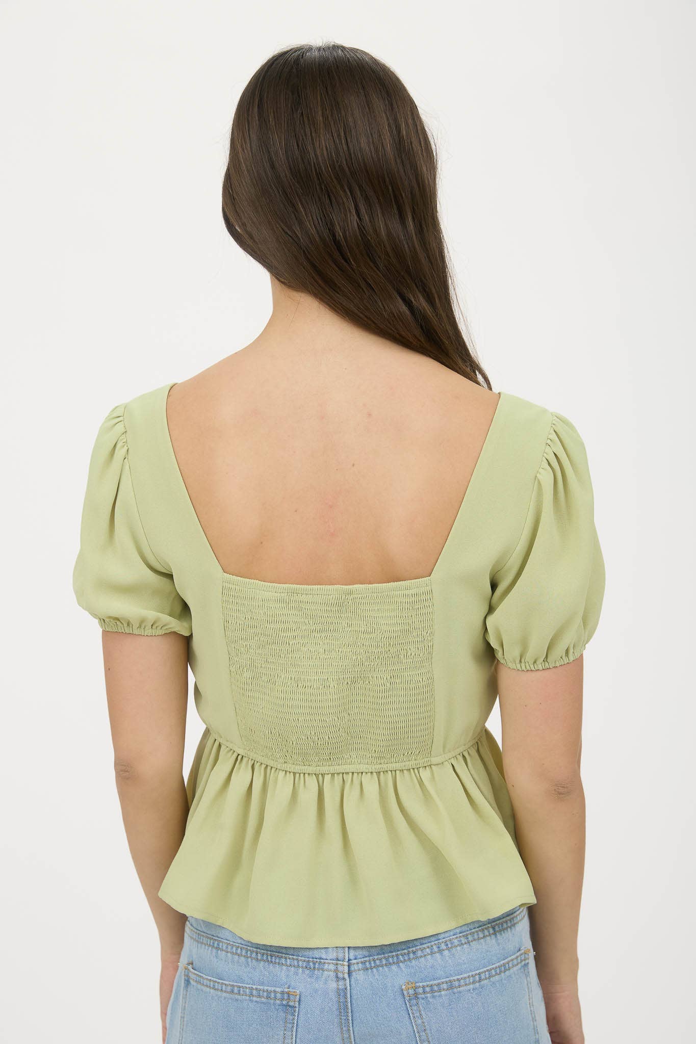 FRONT BOW DETAIL PUFF SLEEVE PEPLUM TOP