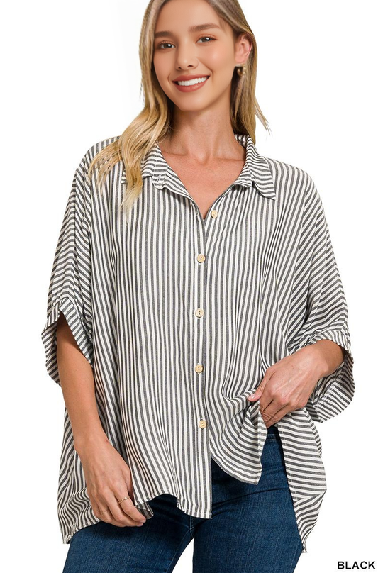 Oversized Striped Short Sleeve Button Up Shirt