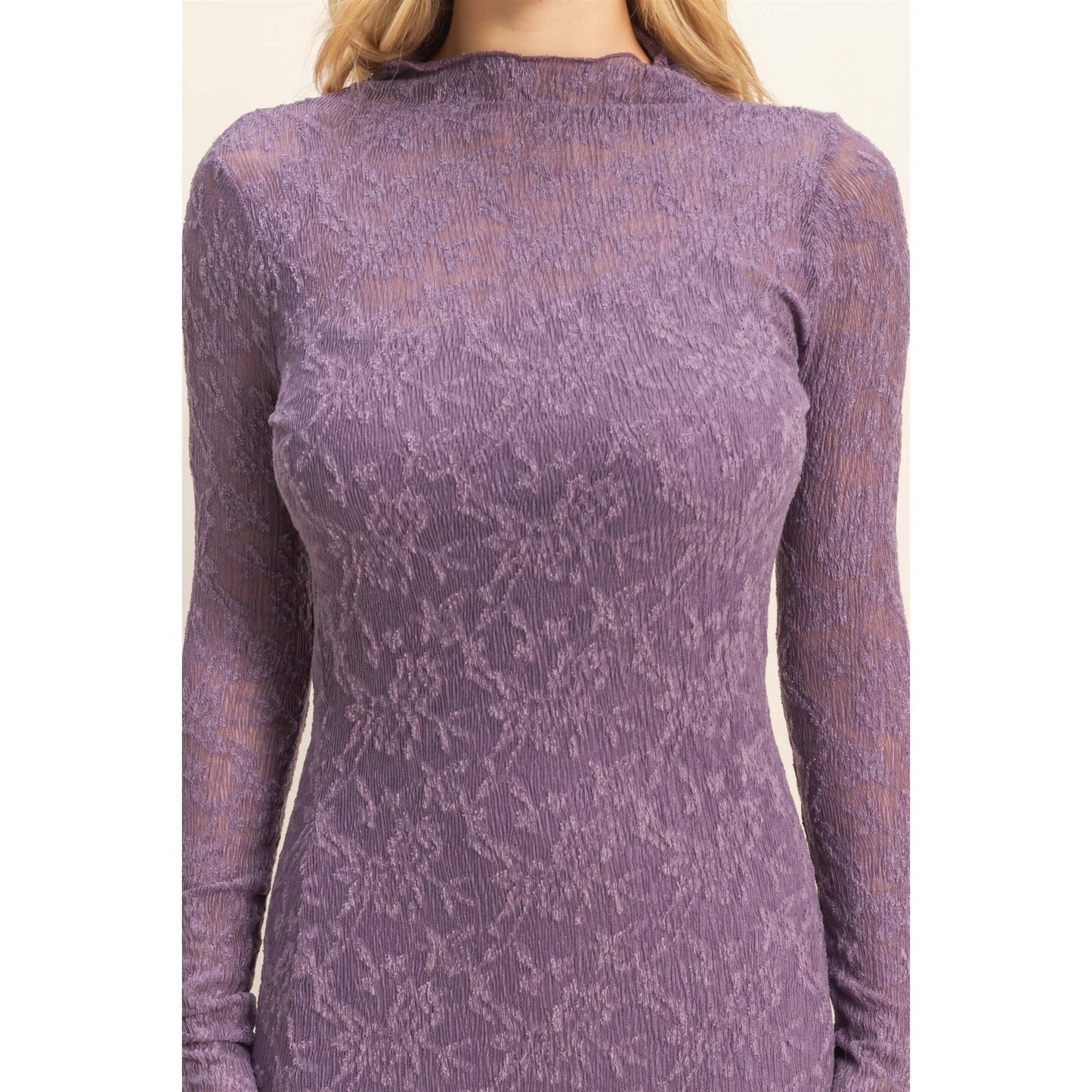 Sleek Long Sleeve Mock Neck Lace Maxi Dress