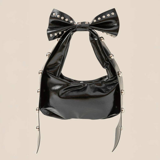 Ribbon Bow Grommeted Faux Leather Hand Bag