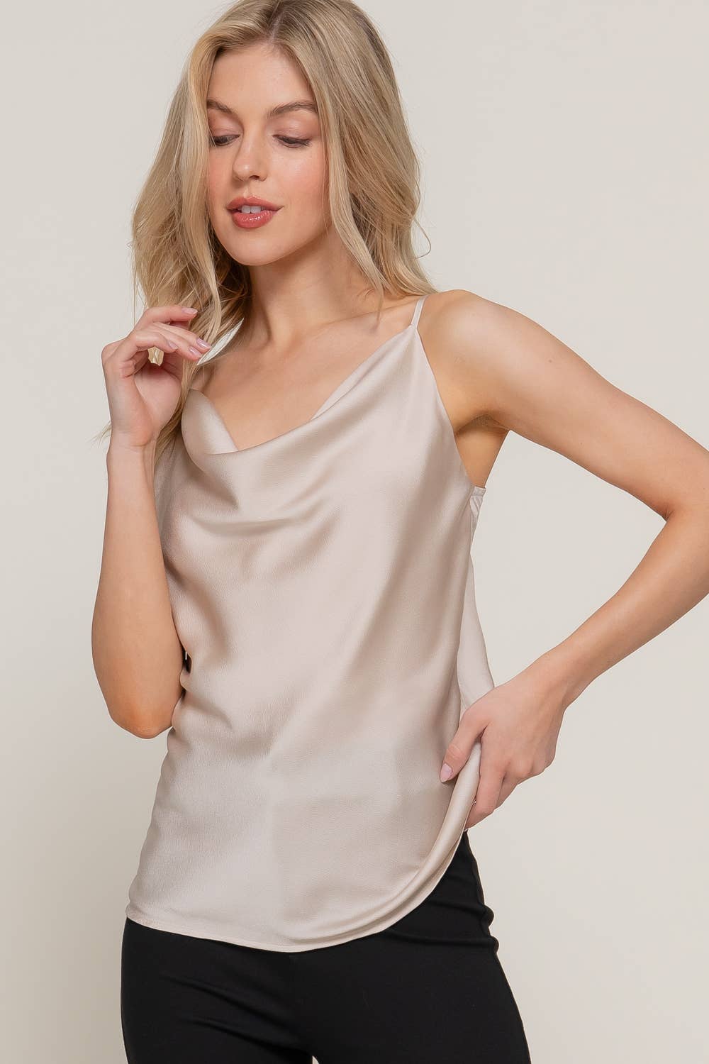 `' SLIM FIT COWL NECK SATIN CAMI TOP
