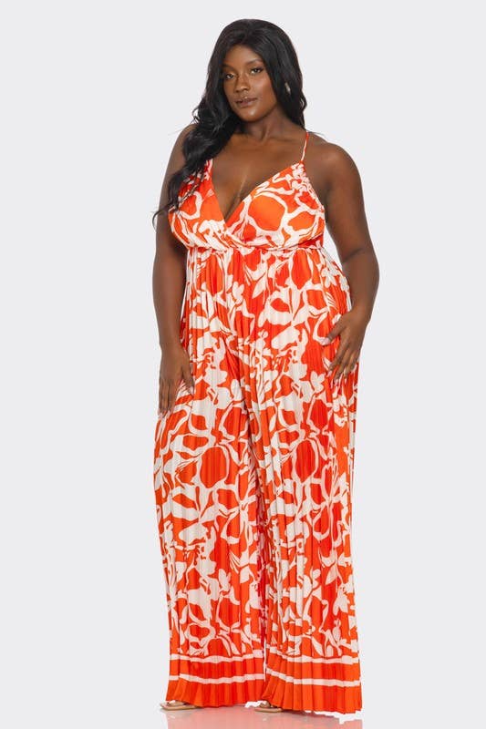 BCCJ71690 PLUS   Suspender Print Pleated Jumpsuit