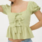 FRONT BOW DETAIL PUFF SLEEVE PEPLUM TOP