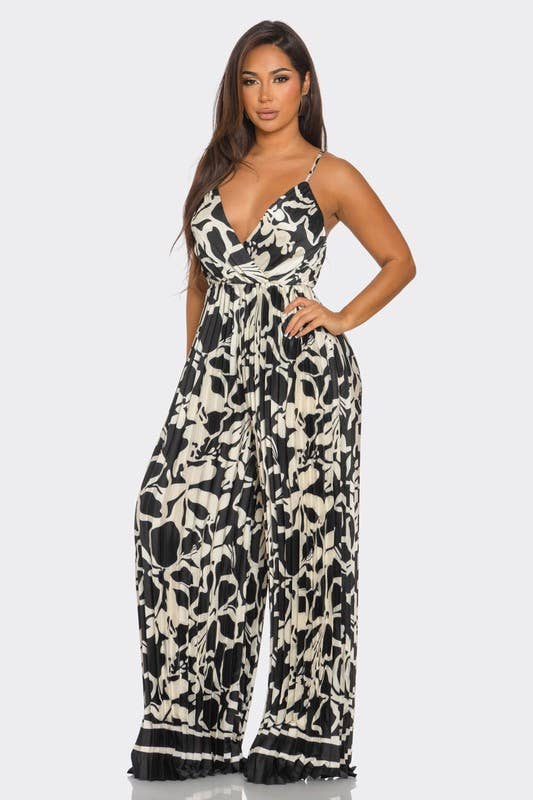 BCCJ71690  Suspender Print Pleated Jumpsuit