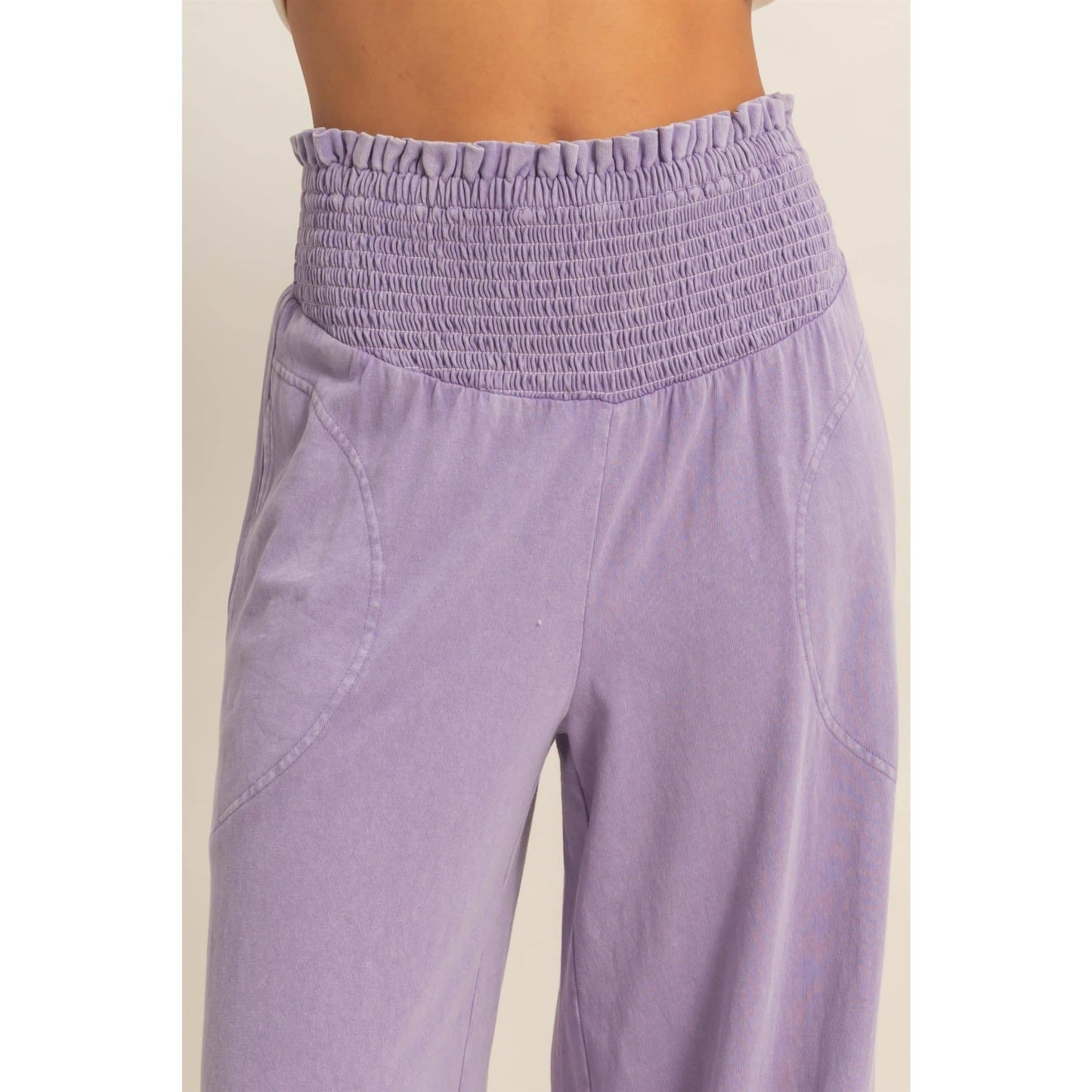 Mineral Washed Wide-Leg Smocked Waist Pants