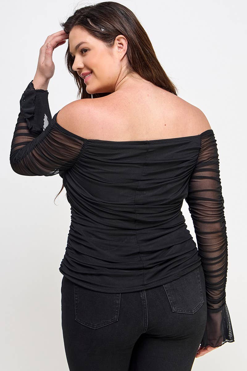 The Monica Plus Size Over the Shoulder Ruched Mesh Top
