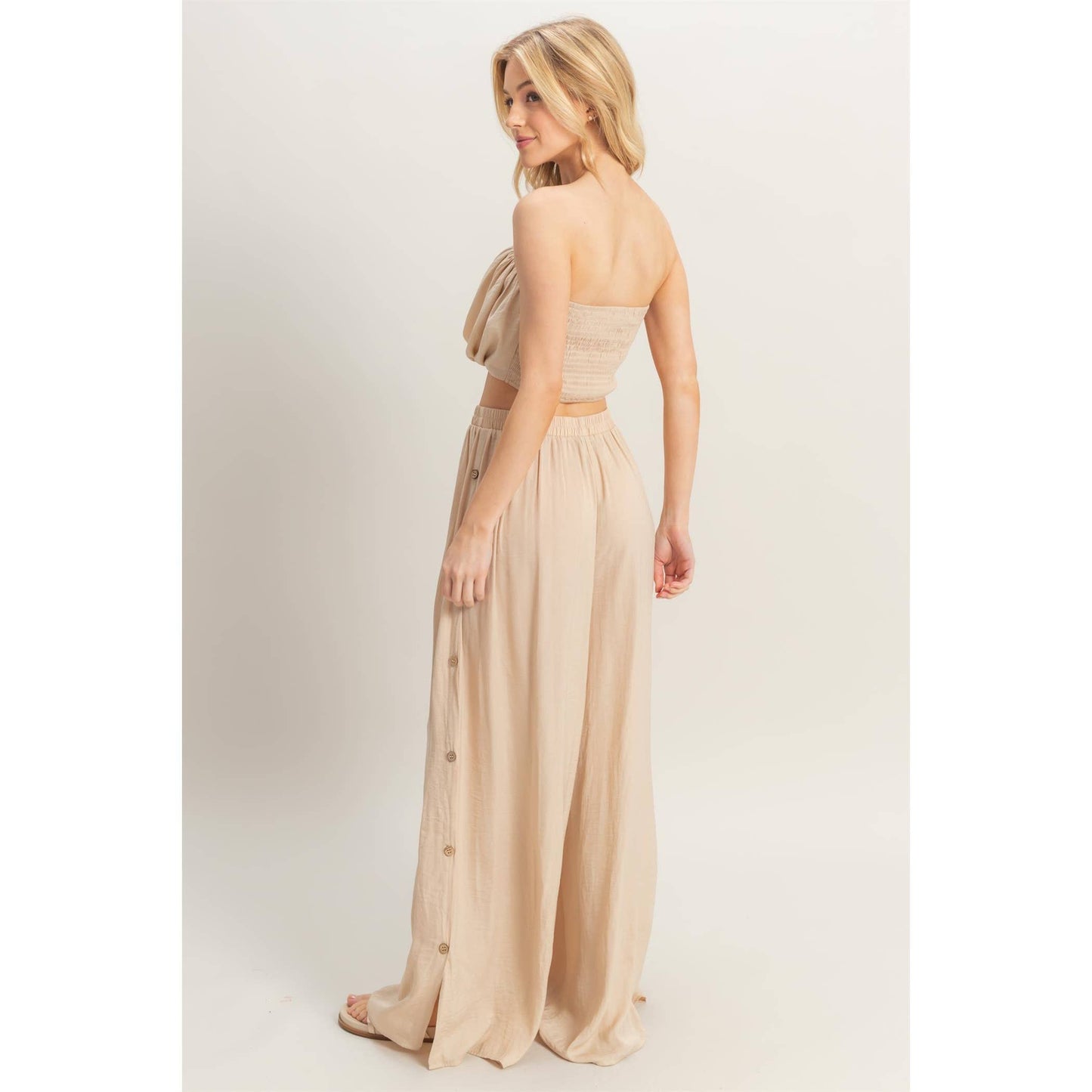 HF25E001-SET-Ruched Top And High Waist Pants Set