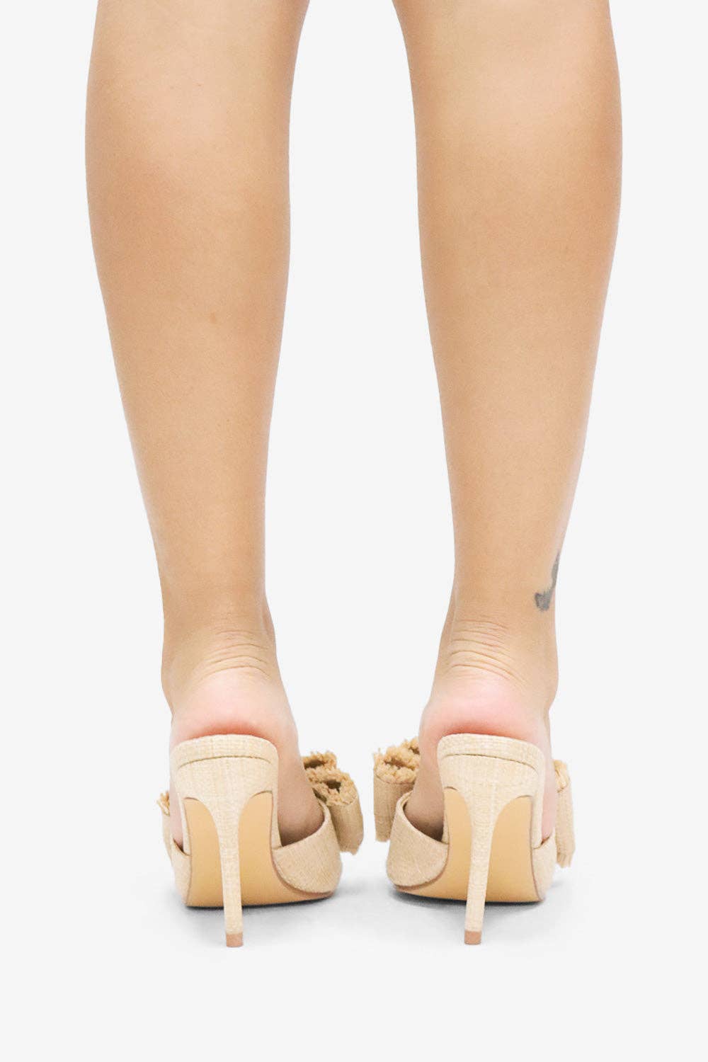BEACH HOUSE - Raffia Bow Mules, Woven Finish, Stiletto Heel