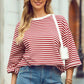 Stripe Bowknot Cutout Back Drop Shoulder Wide Bracelet Tee