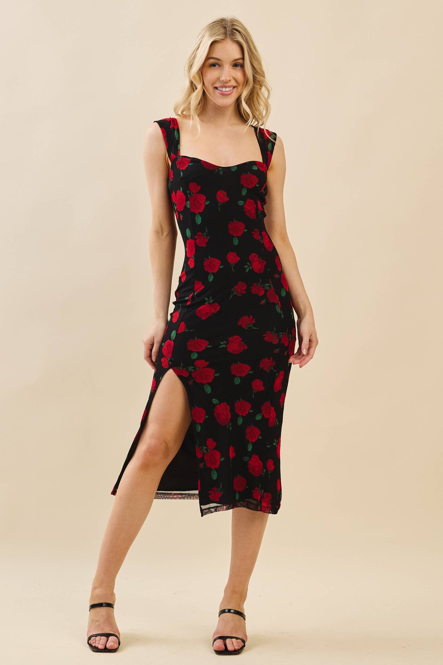 SWEETHEART BUSTIER ROSE PRINT MIDI DRESS