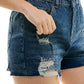 STRETCH HIGH RISE RIPPED FREY HEM DENIM SHORTS