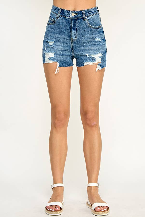 STRETCH HIGH RISE RIPPED FREY HEM DENIM SHORTS