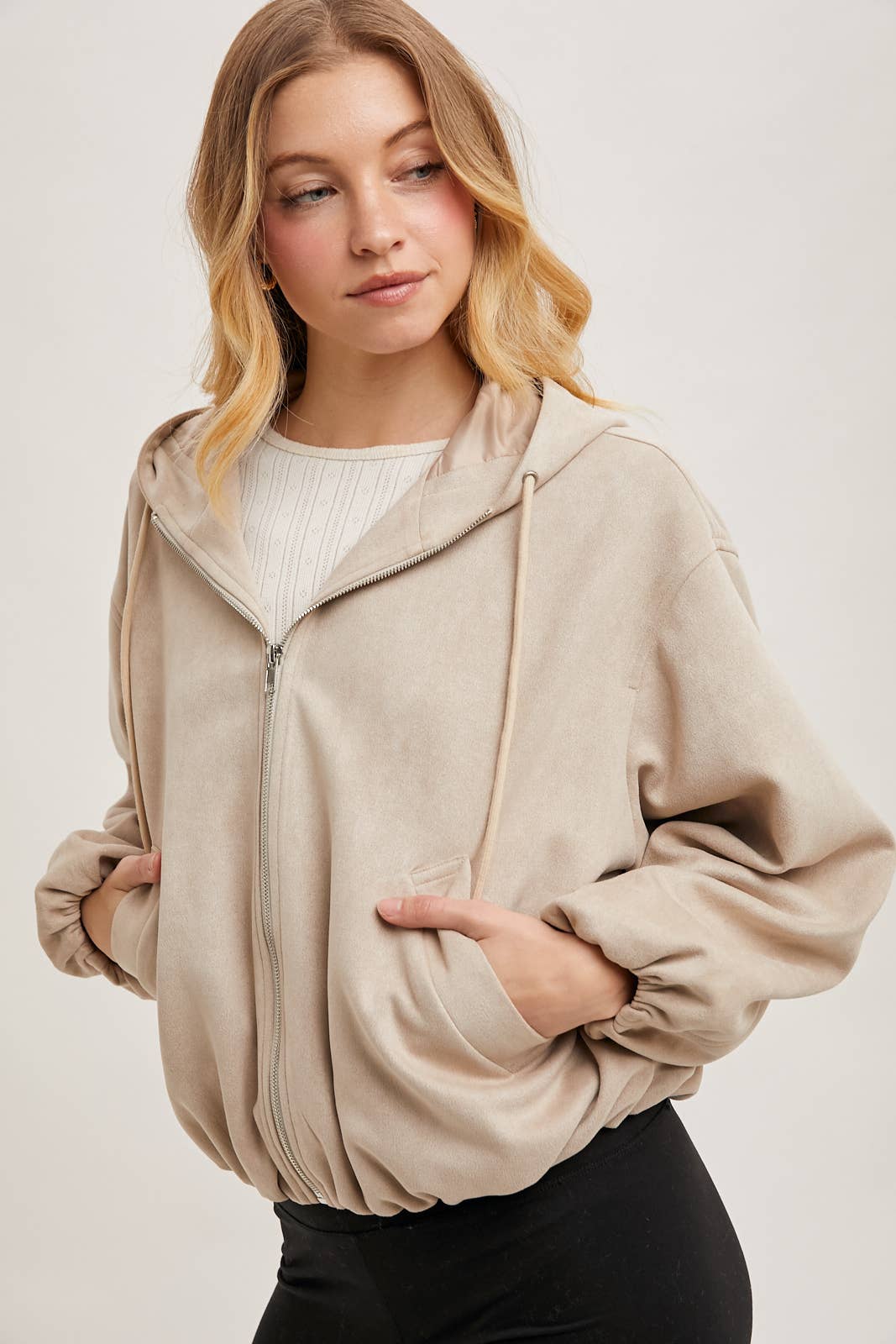 FAUX SUEDE HOODED CROP JACKET WITH ZIPPER