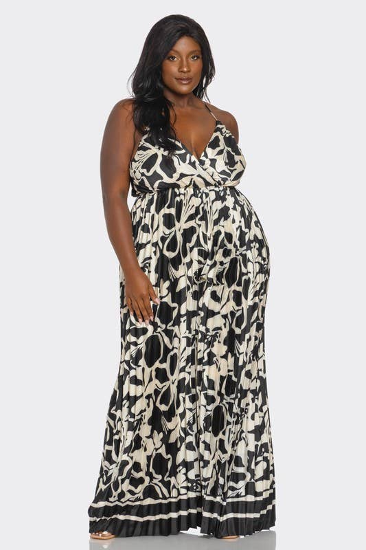 BCCJ71690 PLUS   Suspender Print Pleated Jumpsuit