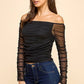 OFF THE SHOULD MESH ALL OVER RUCHED TOP