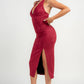 BORDEAUX HALTER NECK FRONT SLIT SUEDE MIDI DRESS