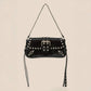 Glossy Leather Rivet Trim Shoulder Bag