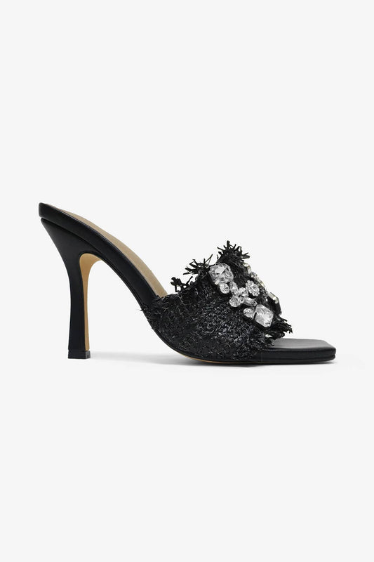 KIDMAN - Raffia Floral Heels, Rhinestone Embellishments