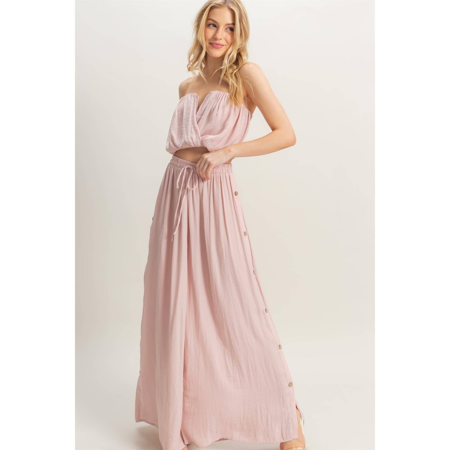 HF25E001-SET-Ruched Top And High Waist Pants Set