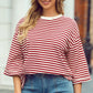 Stripe Bowknot Cutout Back Drop Shoulder Wide Bracelet Tee