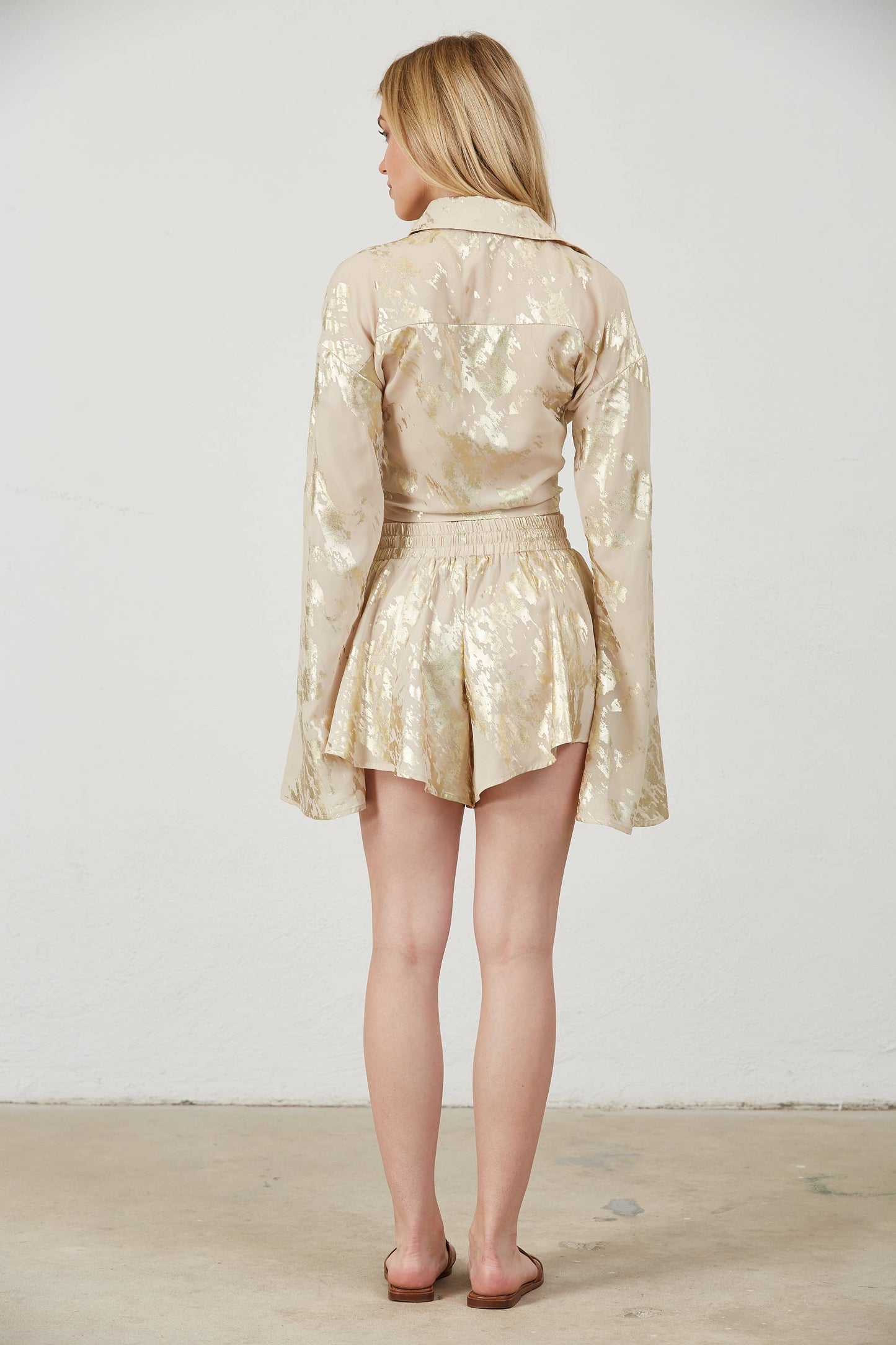 Gold Foil Bell Sleeve Tie Front Woven Top Set