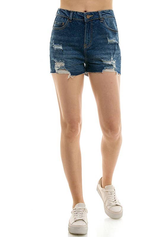 STRETCH HIGH RISE RIPPED FREY HEM DENIM SHORTS