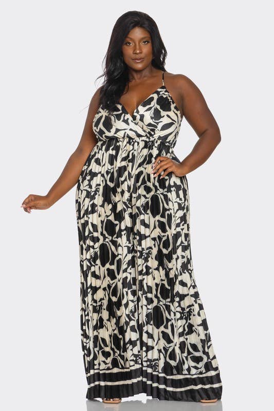 BCCJ71690 PLUS   Suspender Print Pleated Jumpsuit