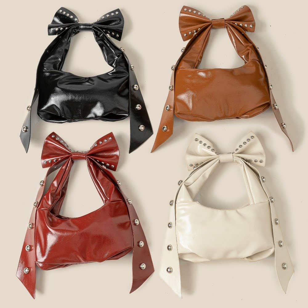 Ribbon Bow Grommeted Faux Leather Hand Bag