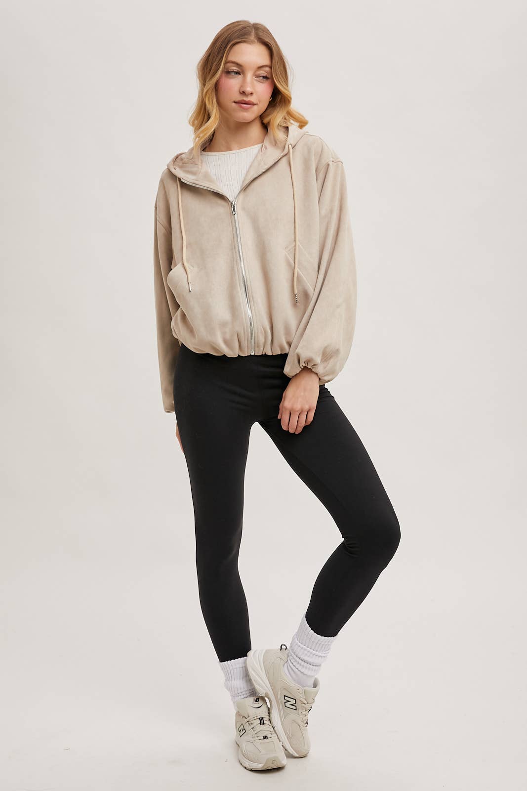 FAUX SUEDE HOODED CROP JACKET WITH ZIPPER