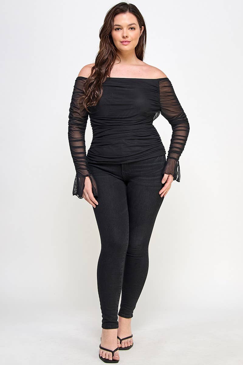 The Monica Plus Size Over the Shoulder Ruched Mesh Top