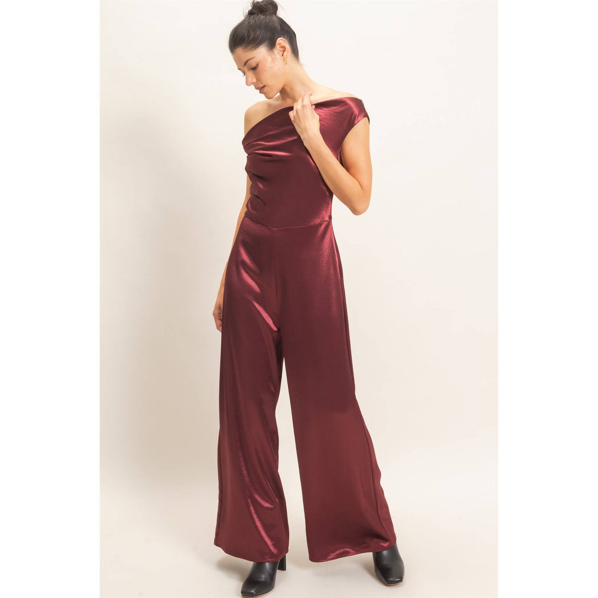 Asymmetrical Cowl Neck Wide Leg Jumpsuit