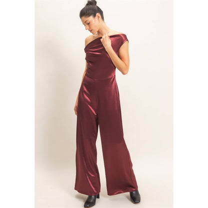 Asymmetrical Cowl Neck Wide Leg Jumpsuit