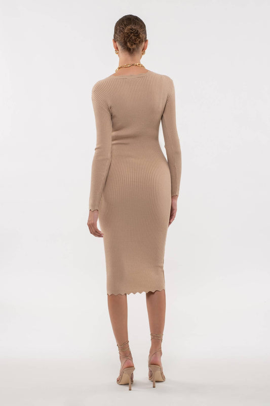 SCALLOP HEM RIB KNIT BODYCON DRESS
